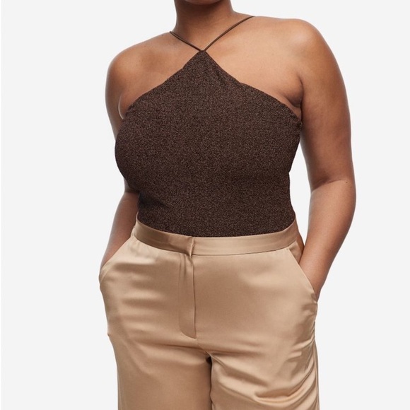 Shimmer chocolate dark brown cami tank bodysuit full bottom night criss cross - Picture 4 of 4